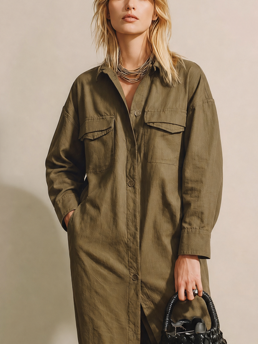 Women's Olive Linen Long Sleeve Shirt Dress – ModClo