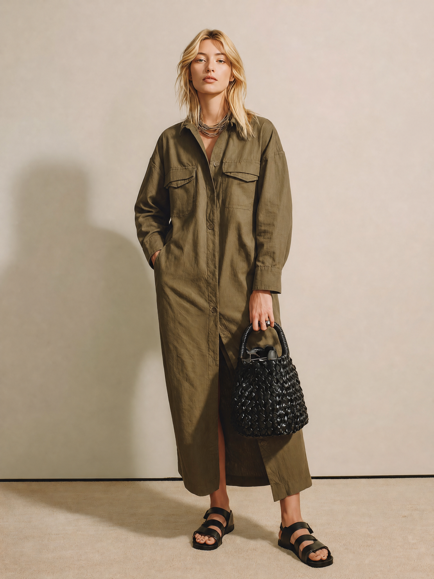 Women's Olive Linen Long Sleeve Shirt Dress – ModClo