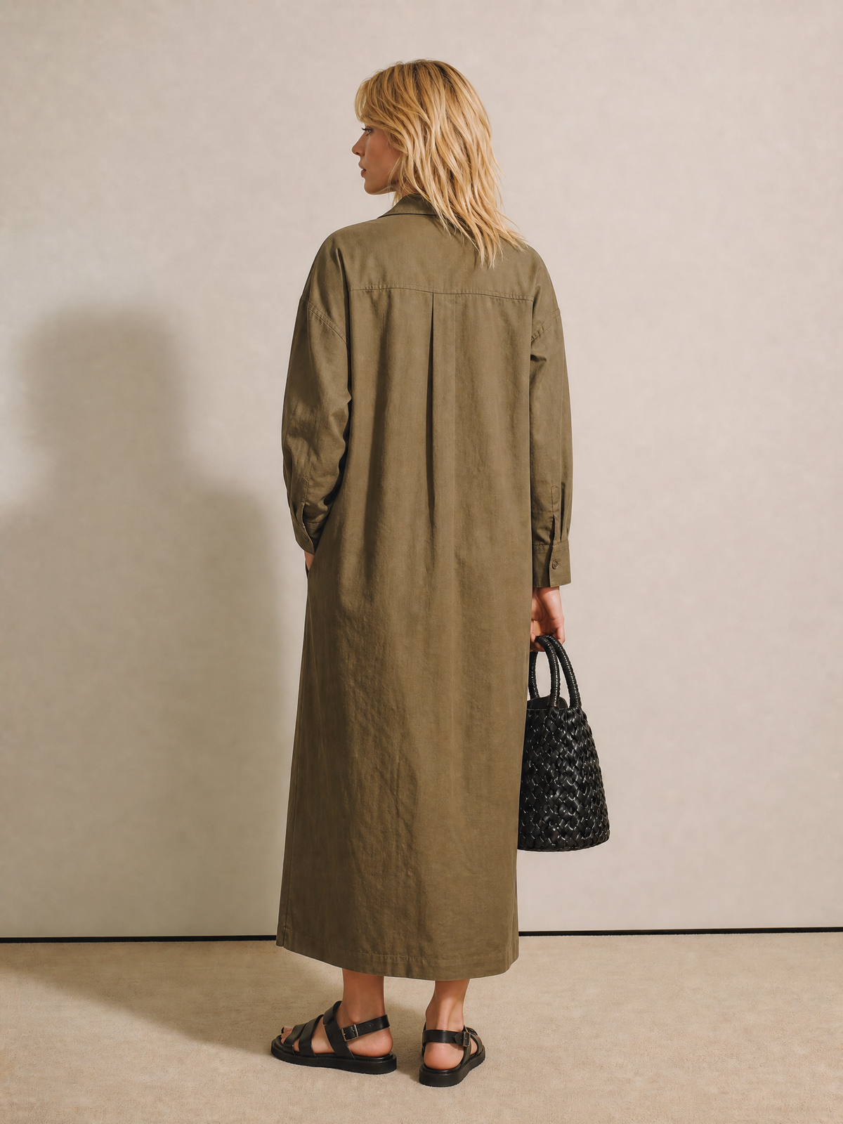 Women's Olive Linen Long Sleeve Shirt Dress – ModClo