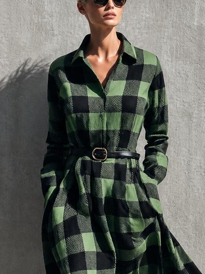 Women's Green Long Sleeve Belted Plaid Shirt Dress – ModClo