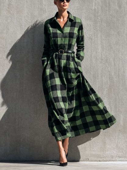 Women's Green Long Sleeve Belted Plaid Shirt Dress – ModClo