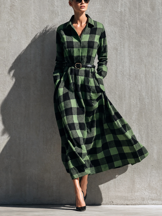 Women's Green Long Sleeve Belted Plaid Shirt Dress – ModClo