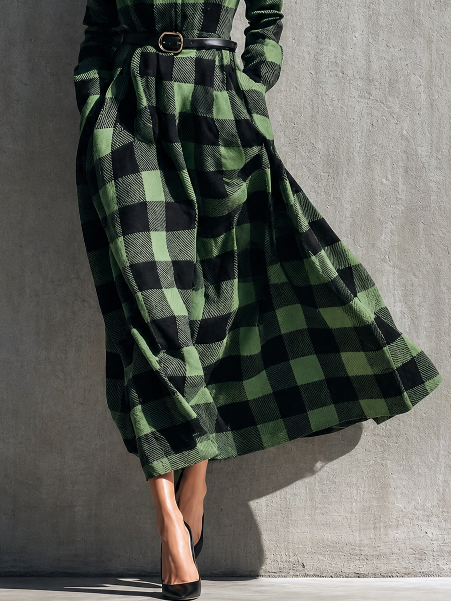 Women's Green Long Sleeve Belted Plaid Shirt Dress – ModClo