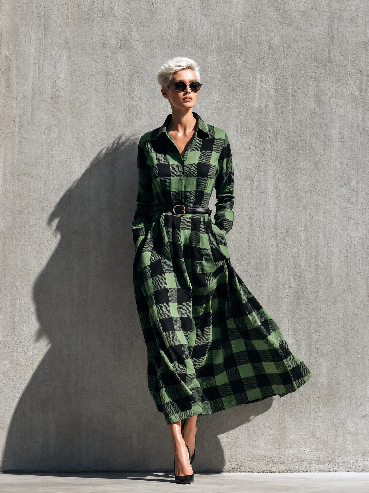 Women's Green Long Sleeve Belted Plaid Shirt Dress – ModClo