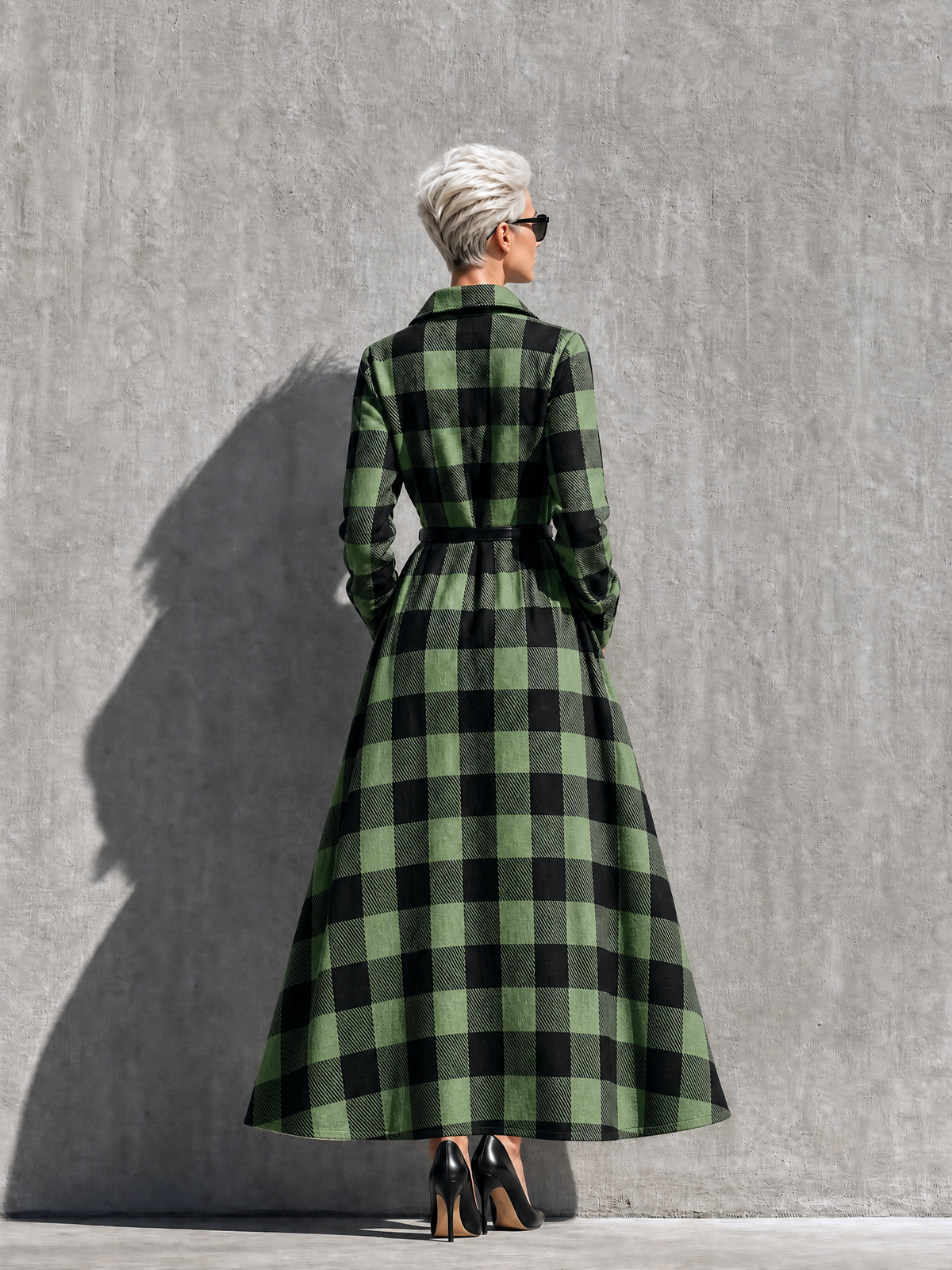 Women's Green Long Sleeve Belted Plaid Shirt Dress – ModClo