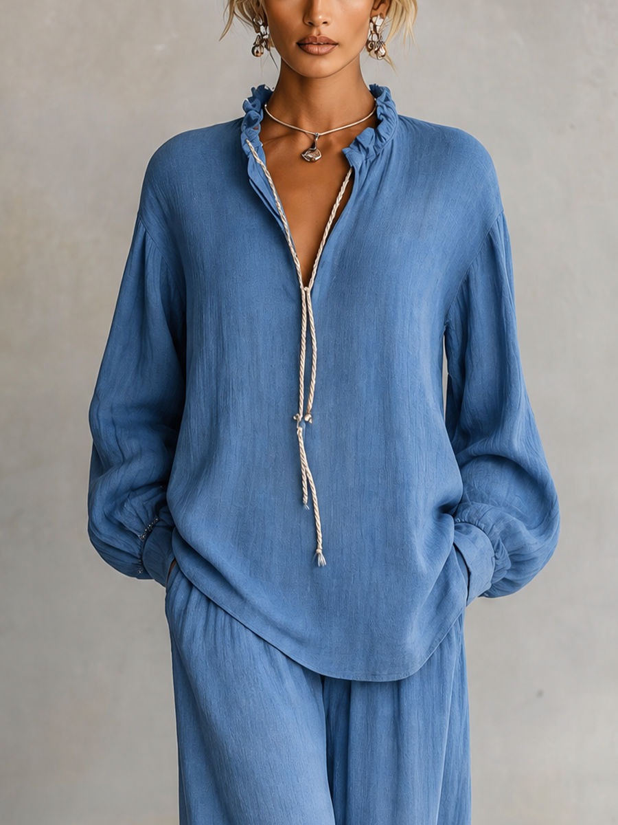 Women's Blue Linen Trouser Set – ModClo