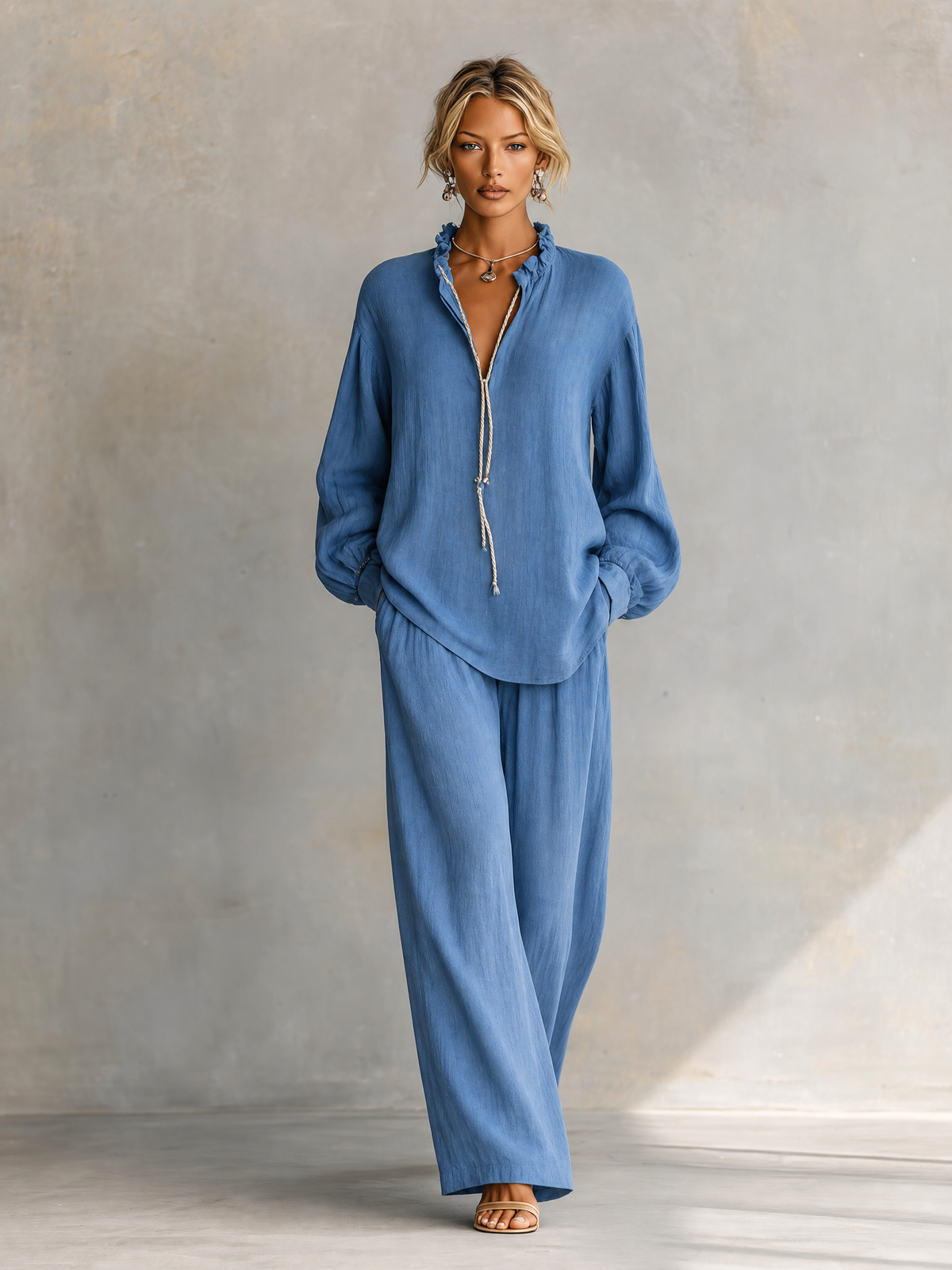 Women's Blue Linen Trouser Set – ModClo