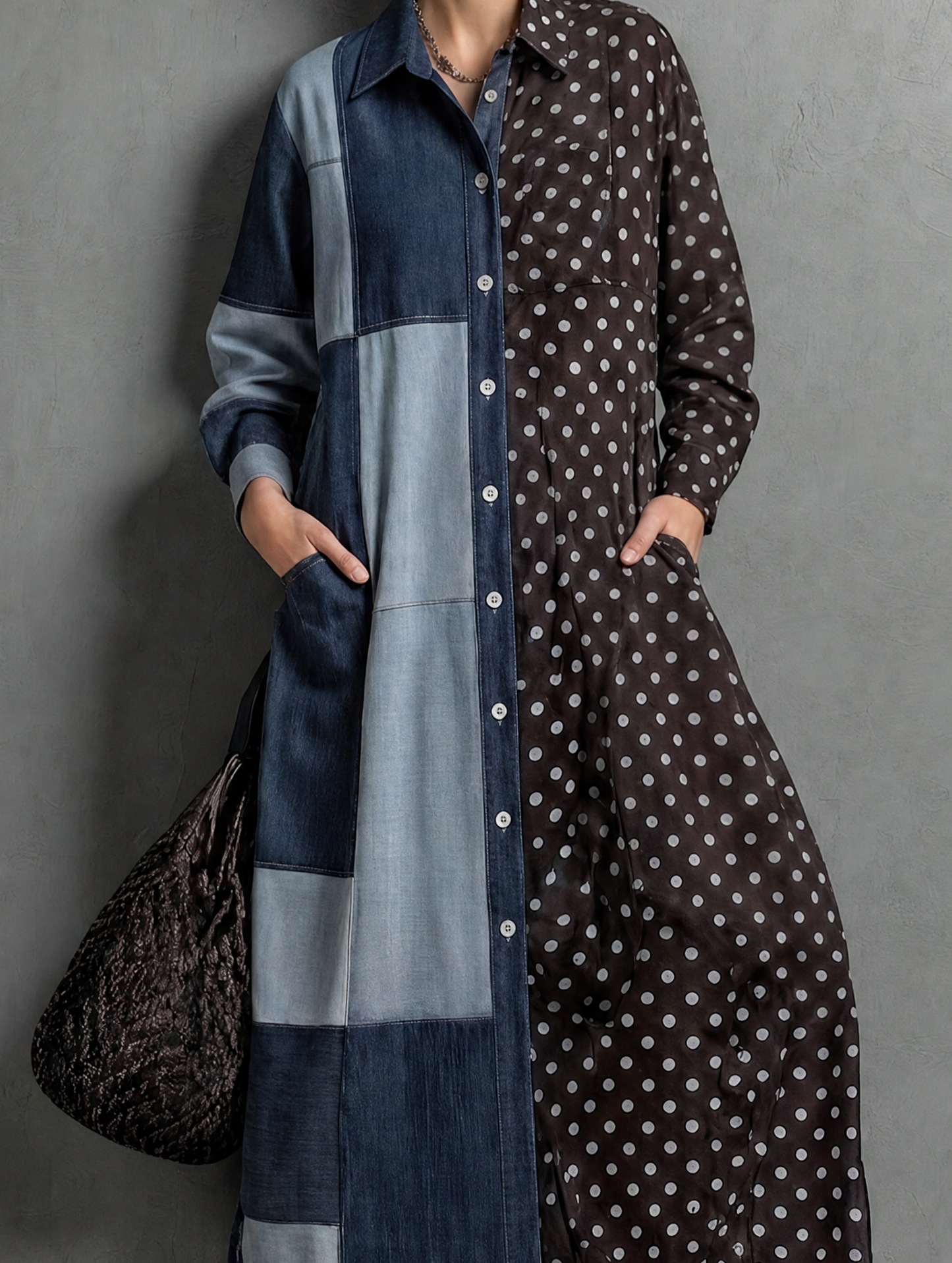 Women's Denim Long Sleeve Polka Dot Maxi Dress – ModClo