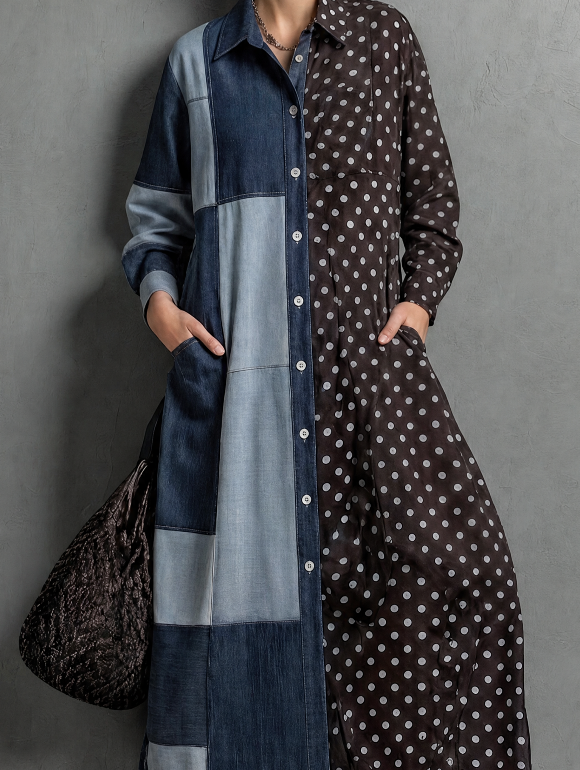 Women's Denim Long Sleeve Polka Dot Maxi Dress – ModClo