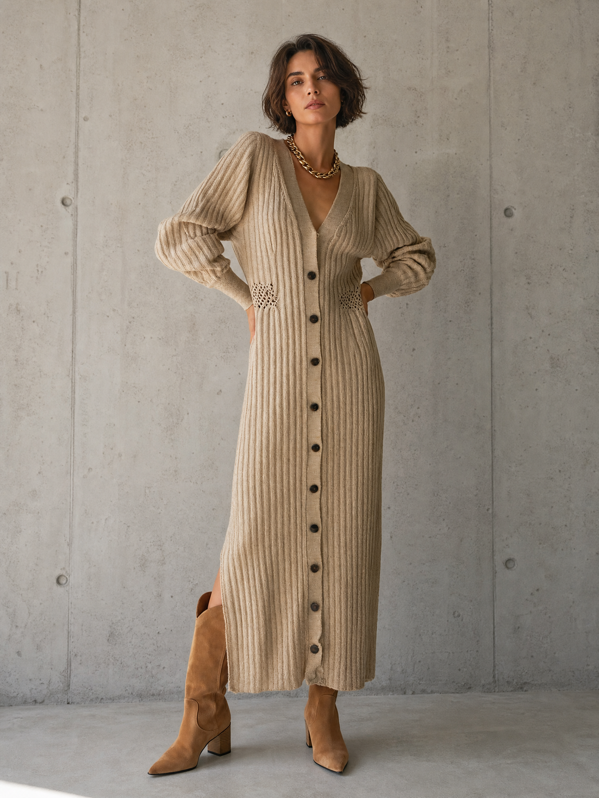 Women's Beige Knit Long Sleeve Cut-Out Maxi Dress – ModClo