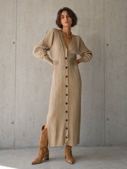 Women's Beige Knit Long Sleeve Cut-Out Maxi Dress – ModClo