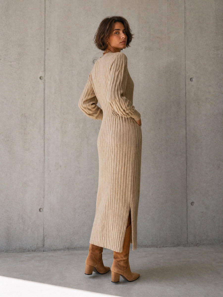 Women's Beige Knit Long Sleeve Cut-Out Maxi Dress – ModClo