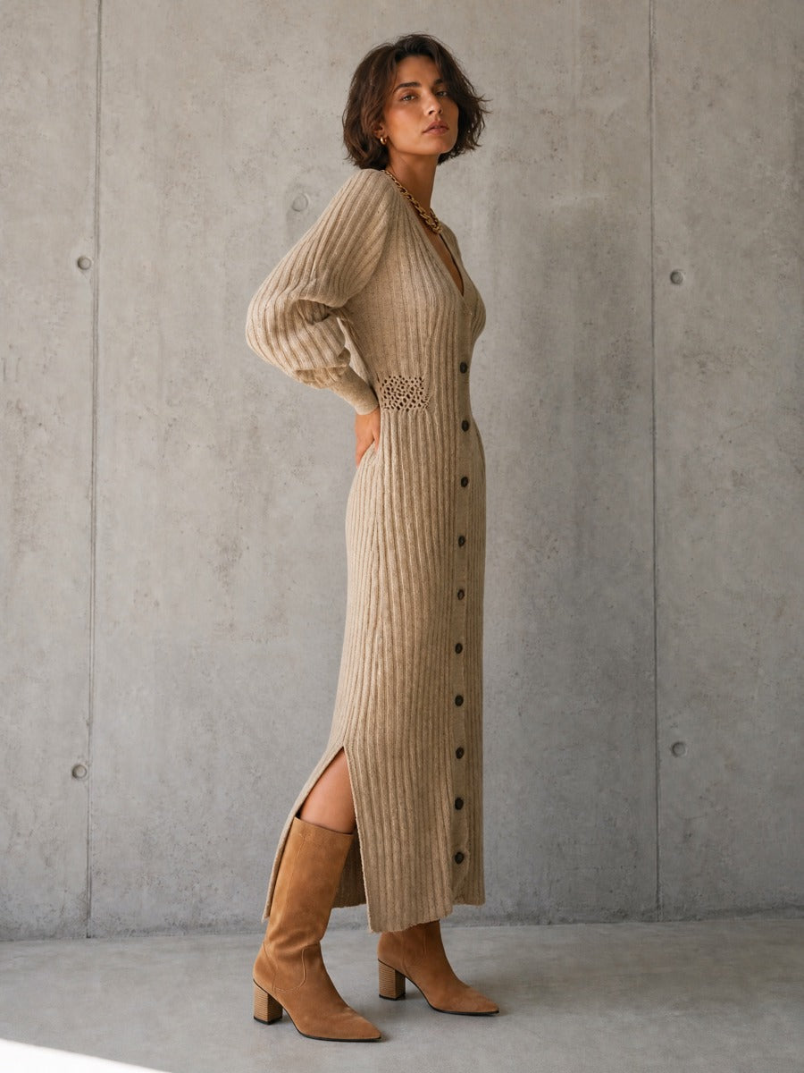 Women's Beige Knit Long Sleeve Cut-Out Maxi Dress – ModClo