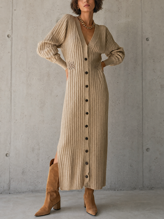 Women's Beige Knit Long Sleeve Cut-Out Maxi Dress – ModClo