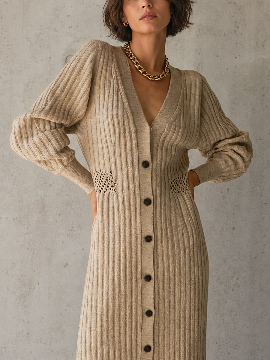 Women's Beige Knit Long Sleeve Cut-Out Maxi Dress – ModClo