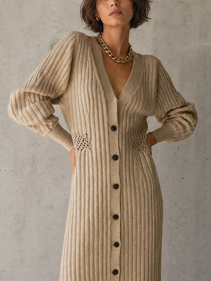 Women's Beige Knit Long Sleeve Cut-Out Maxi Dress – ModClo