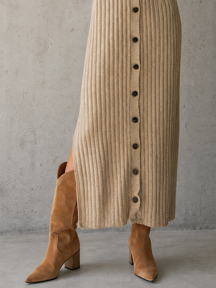Women's Beige Knit Long Sleeve Cut-Out Maxi Dress – ModClo