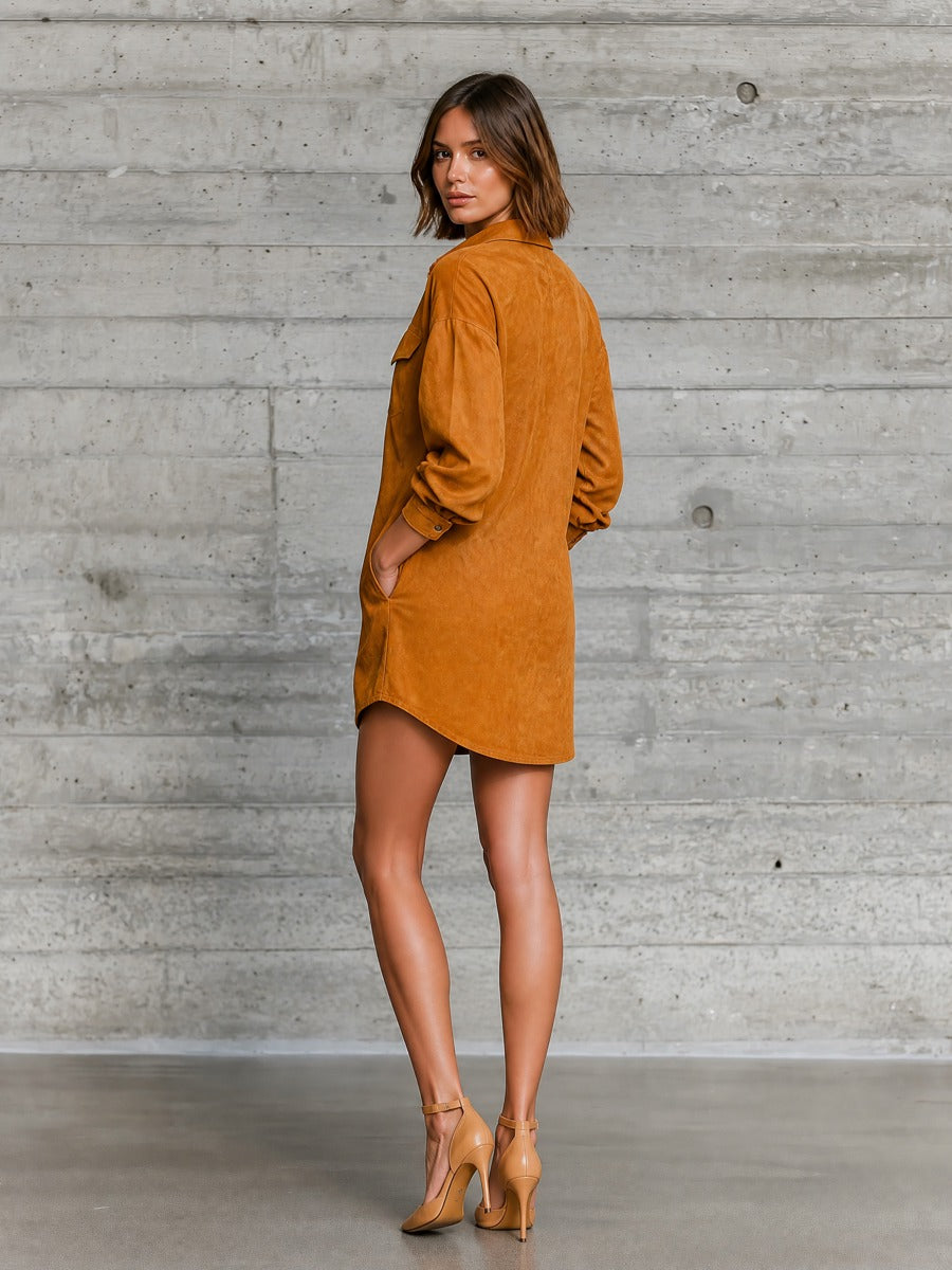 Women's Camel Long Sleeve Oversized Shirt Dress – ModClo