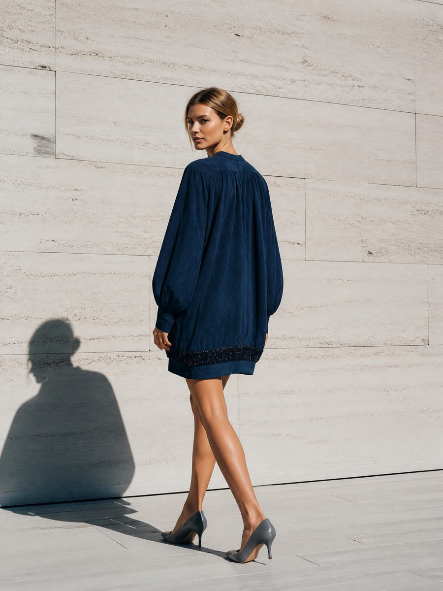 Women's Navy Sequin Long Sleeve Dress – ModClo
