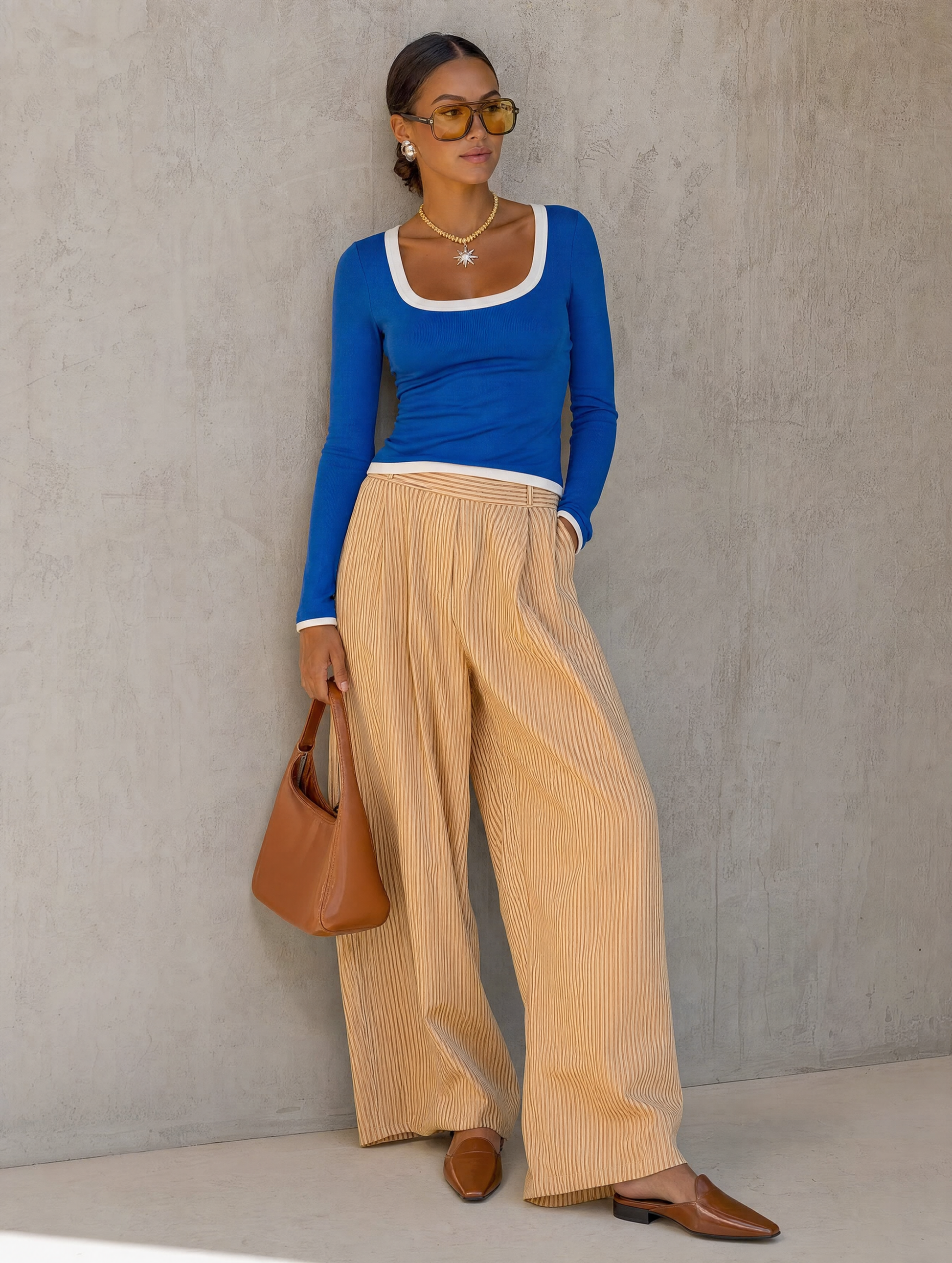 Women's White Woven Long Sleeve Striped Set – ModClo