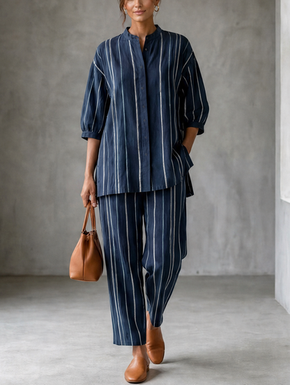 Women's White Linen Striped Two-Piece Set – ModClo
