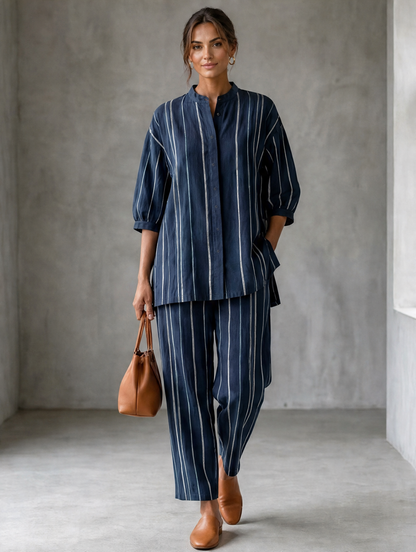 Women's White Linen Striped Two-Piece Set – ModClo