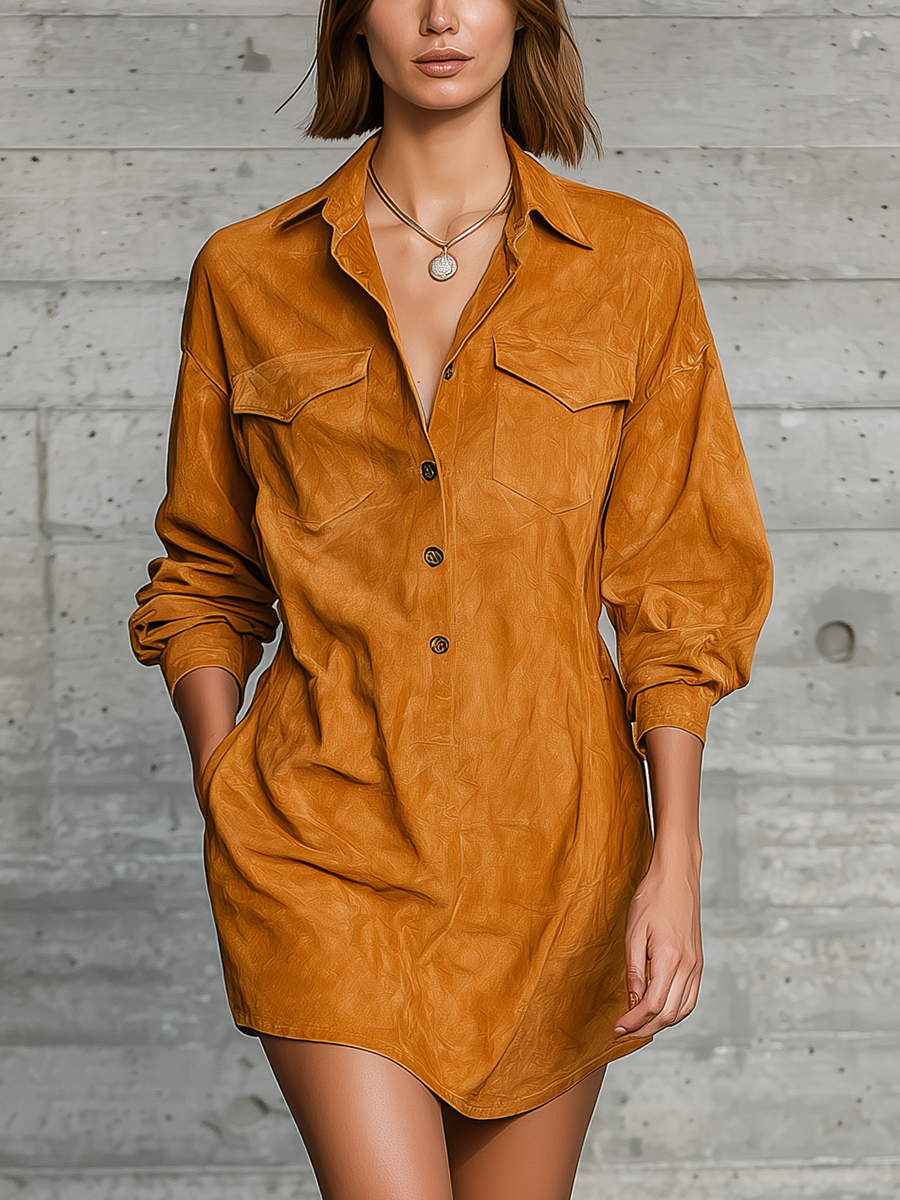 Women's Camel Long Sleeve Oversized Shirt Dress – ModClo