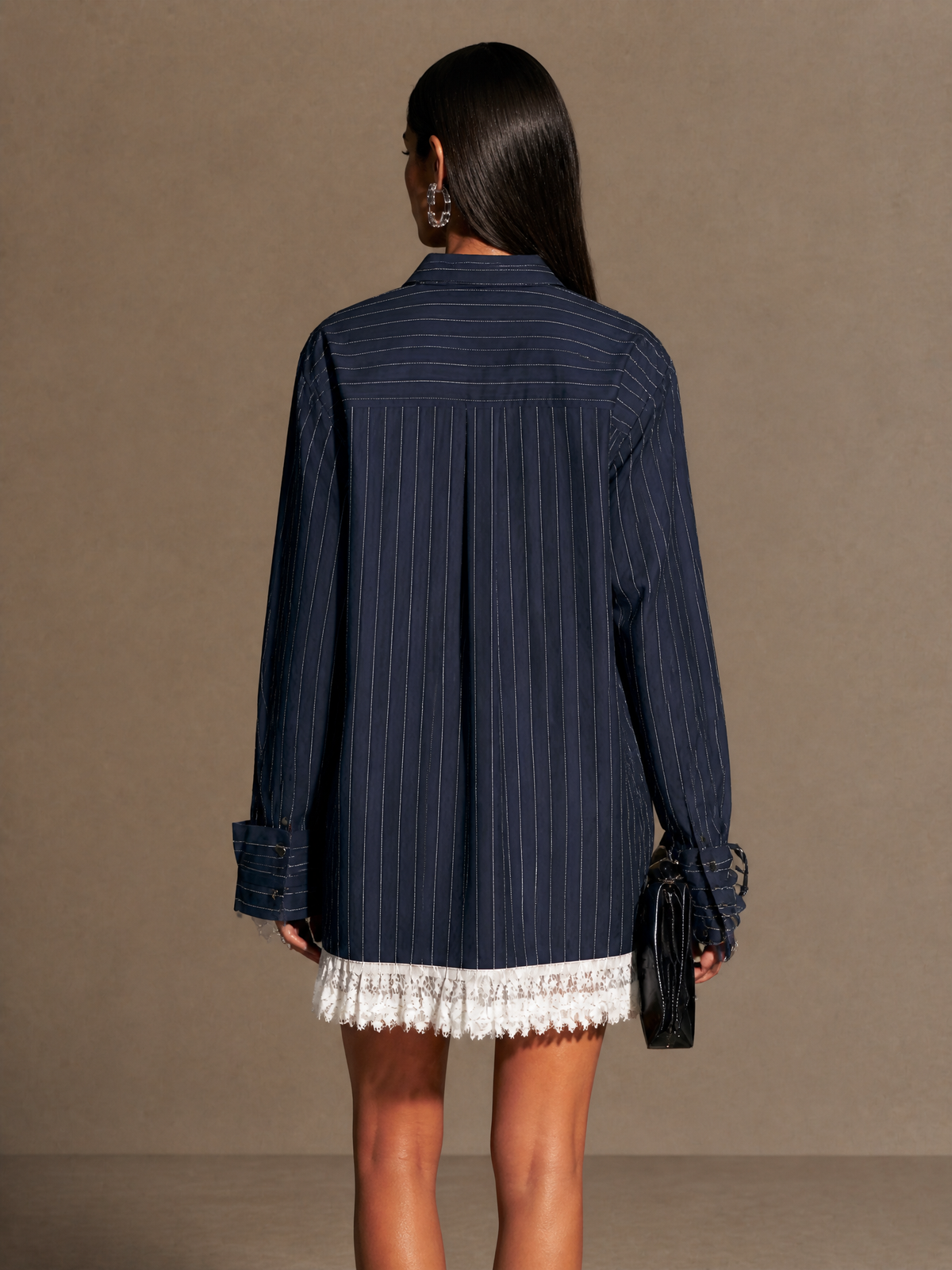 Women's Lace Pinstriped Trimmed Shirt Dress – ModClo