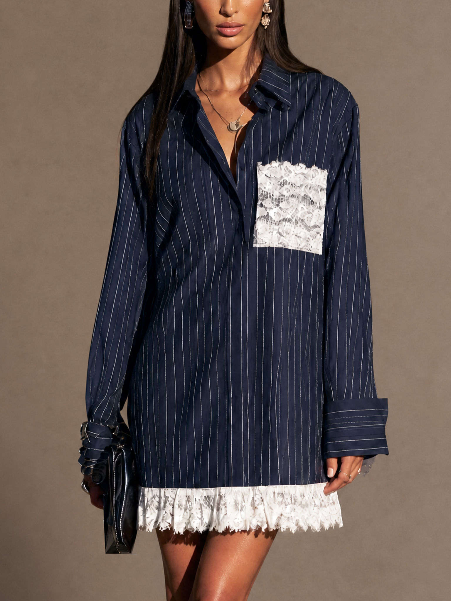 Women's Lace Pinstriped Trimmed Shirt Dress – ModClo