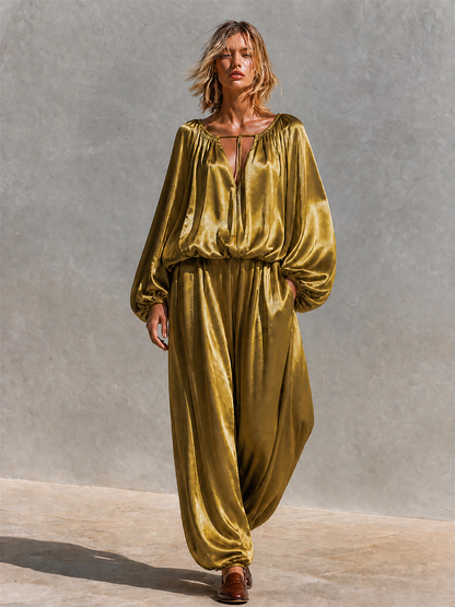 Women's Satin Balloon Sleeve Two-Piece Set – ModClo