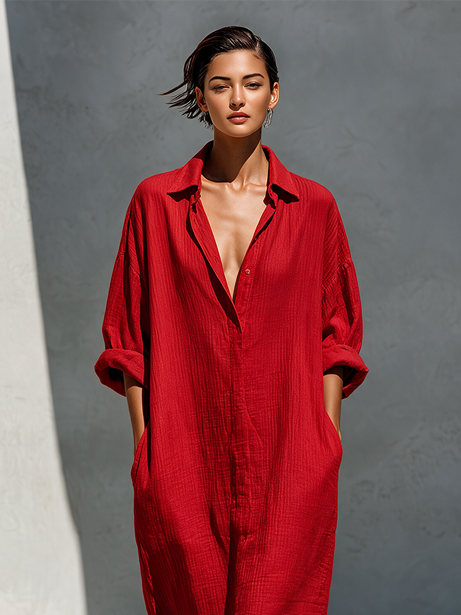 Women's Red Cotton Oversized Shirt Dress – ModClo
