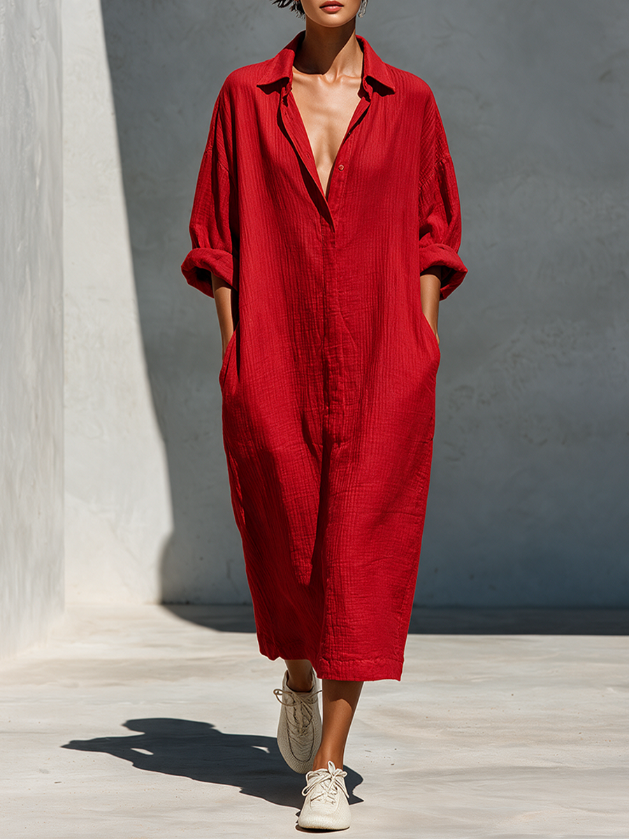 Women's Red Cotton Oversized Shirt Dress – ModClo