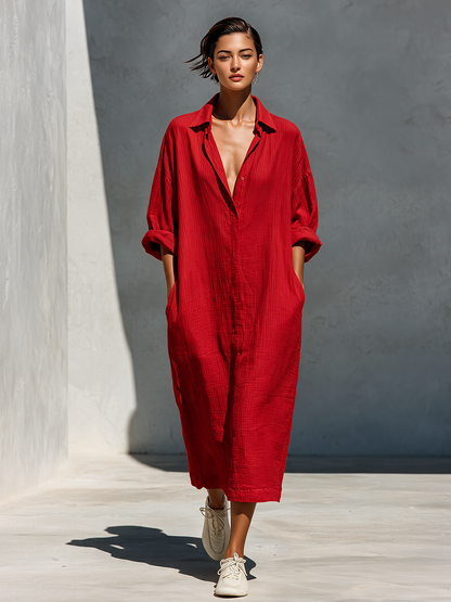 Women's Red Cotton Oversized Shirt Dress – ModClo