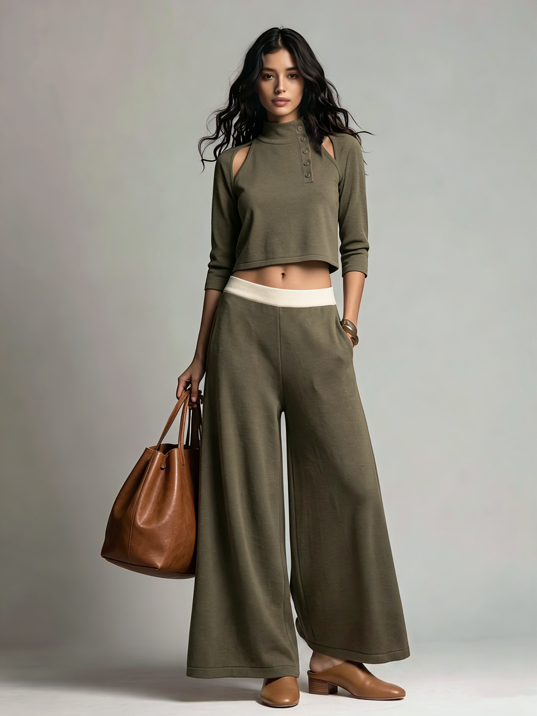 Women's Green Knit Long Sleeve Two-Piece Set – ModClo