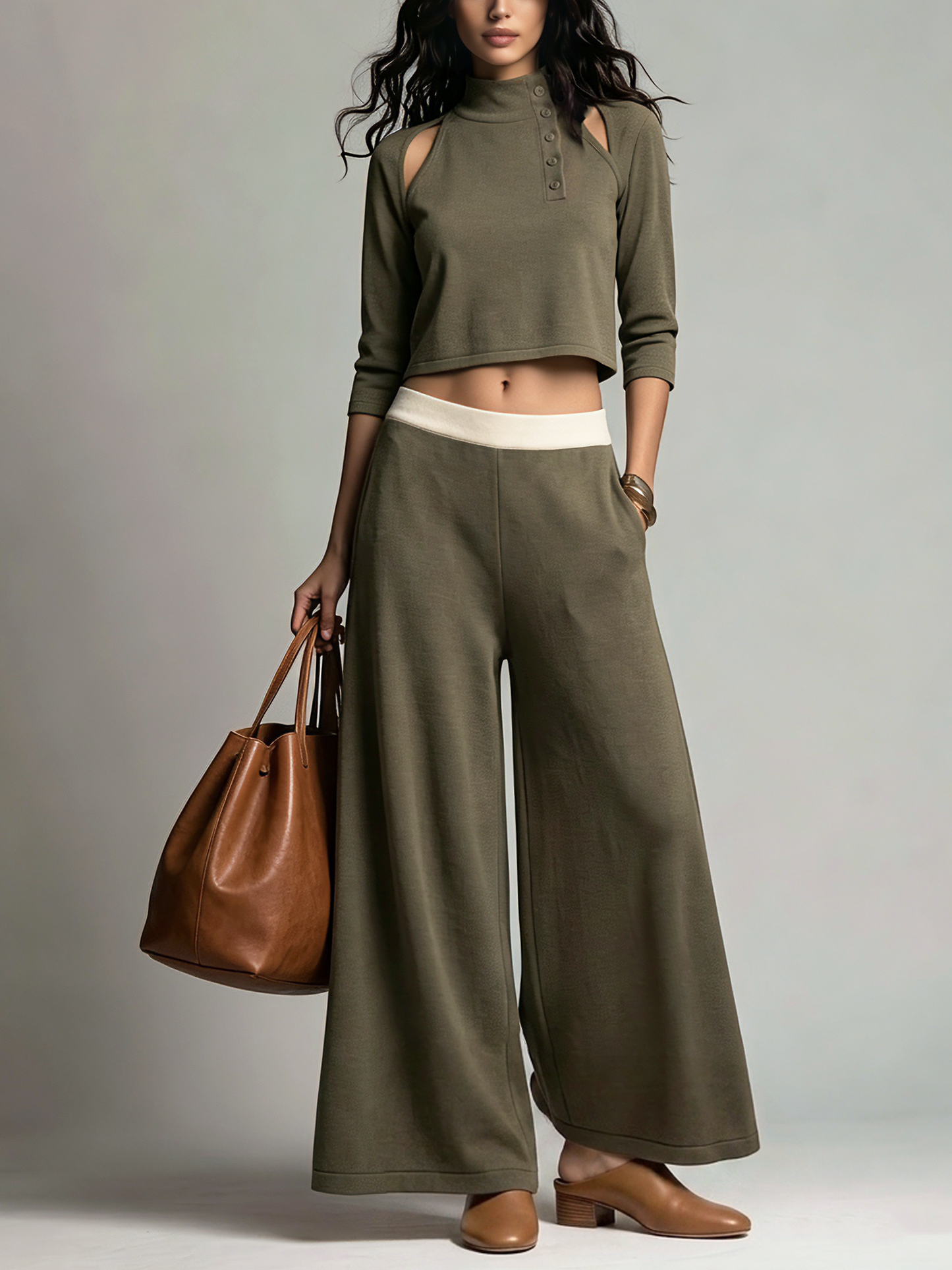 Women's Green Knit Long Sleeve Two-Piece Set – ModClo