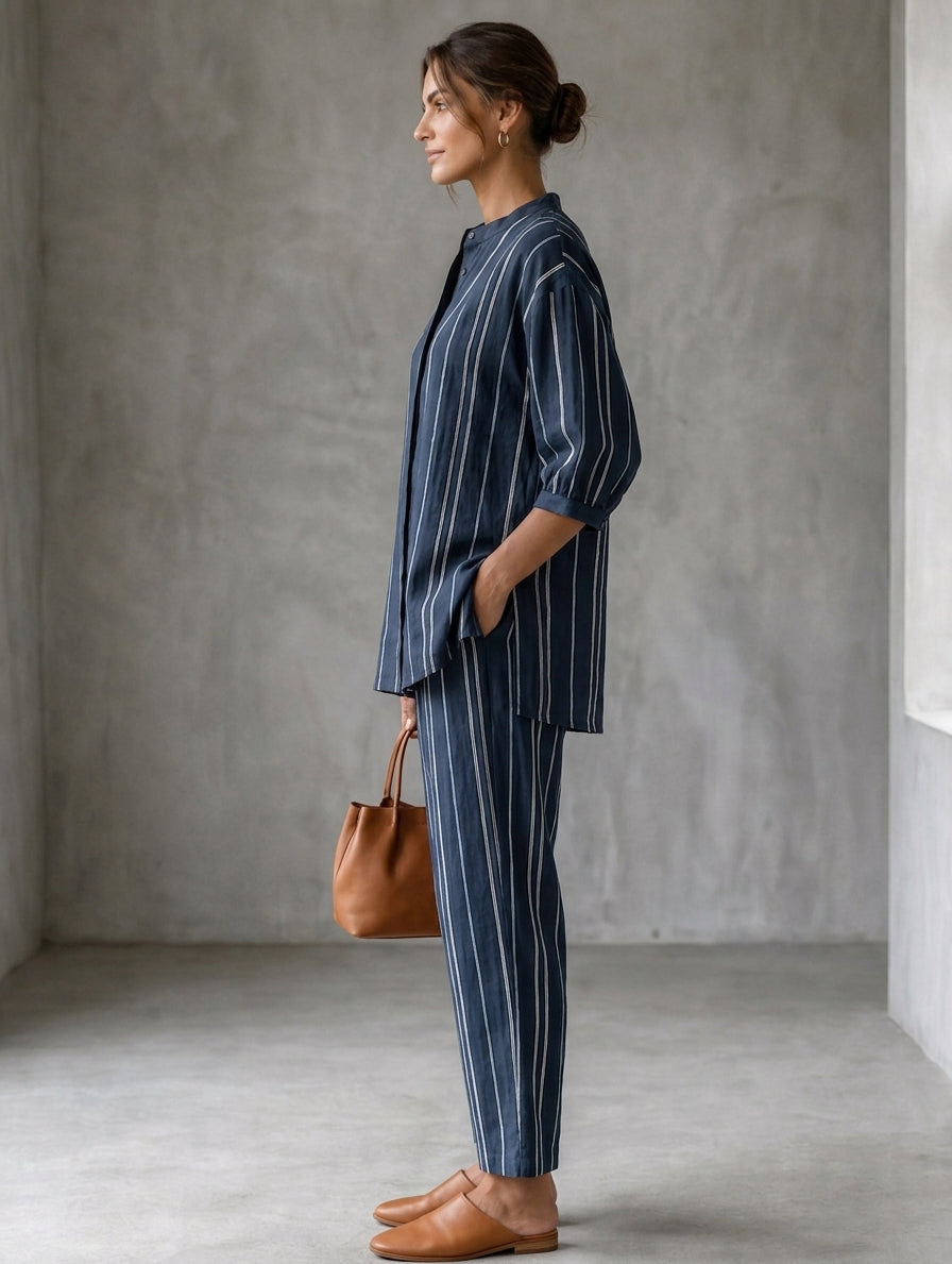 Women's White Linen Striped Two-Piece Set – ModClo