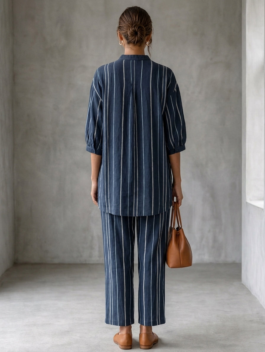 Women's White Linen Striped Two-Piece Set – ModClo