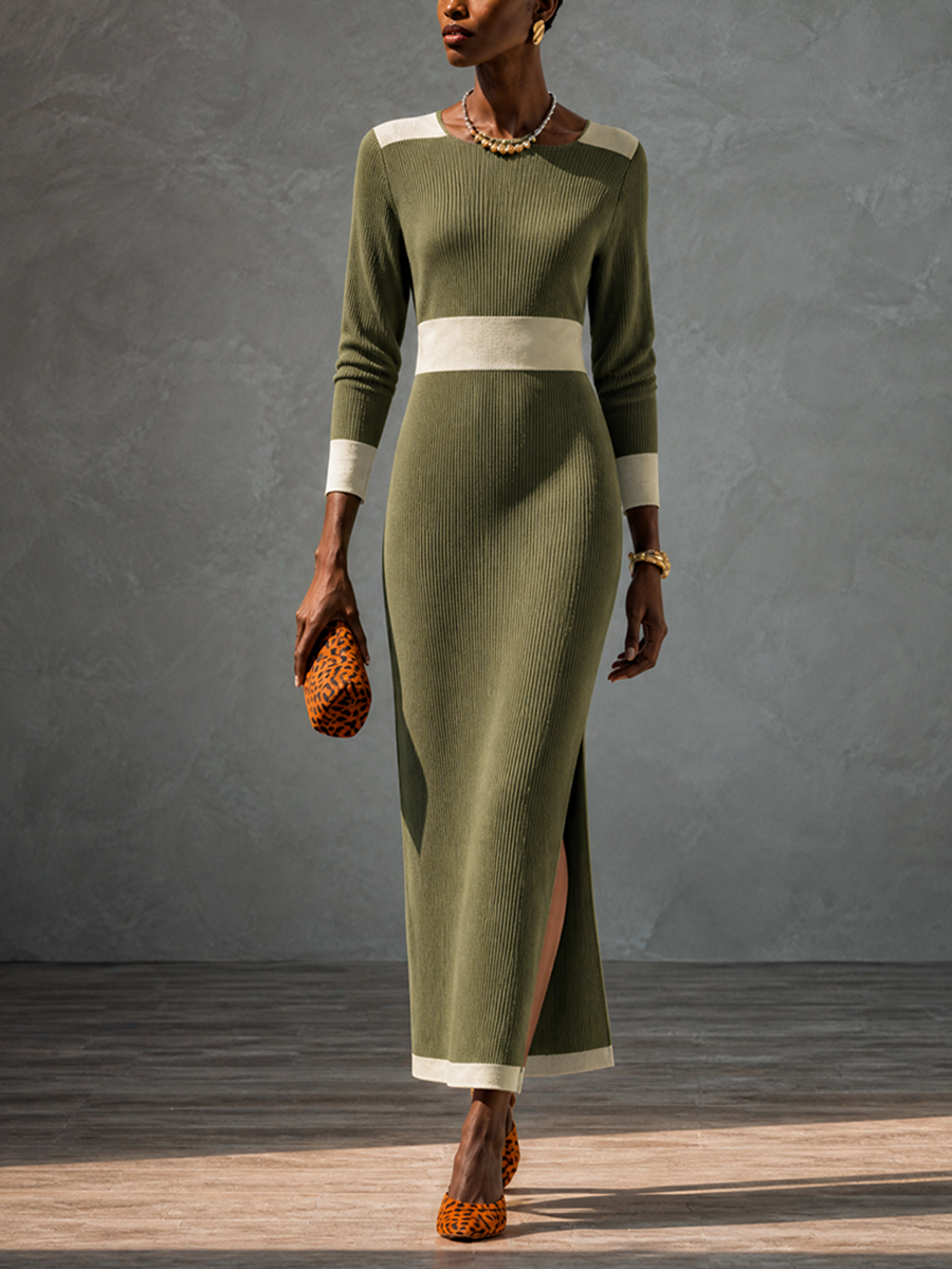 Women's Knit Colorblock Waisted Maxi Dress – ModClo
