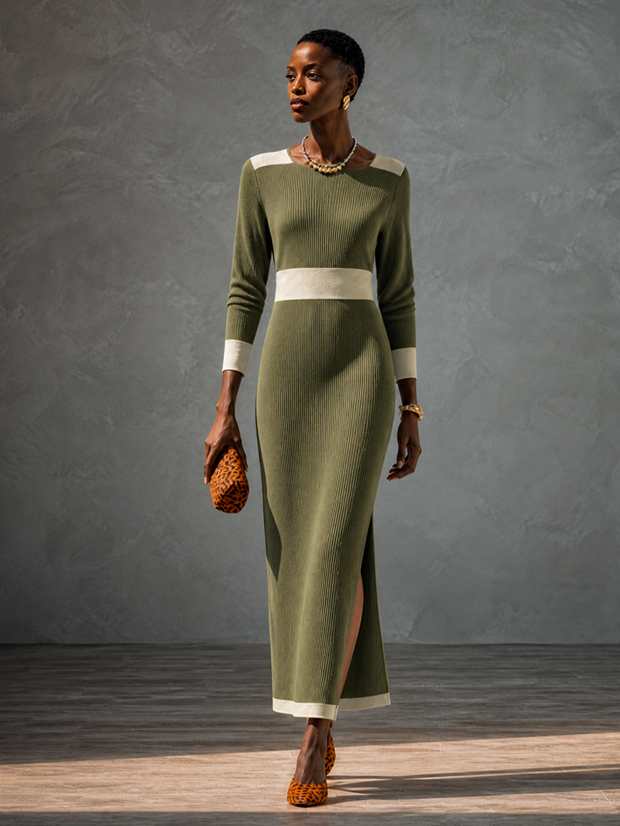 Women's Knit Colorblock Waisted Maxi Dress – ModClo