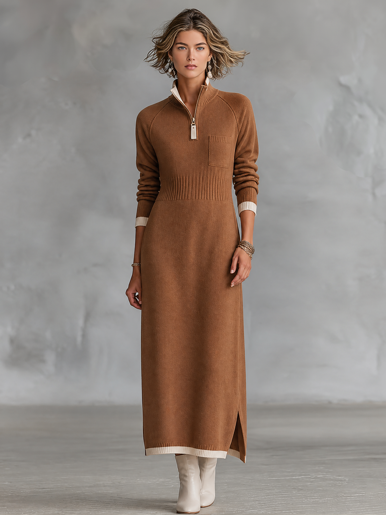 Women's Stand Collar Retro Color Maxi Dress – ModClo