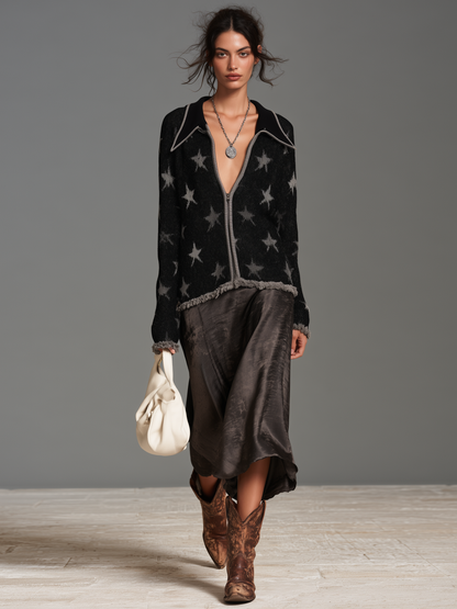 Women's Jacquard Zipper Vintage Cardigan – ModClo