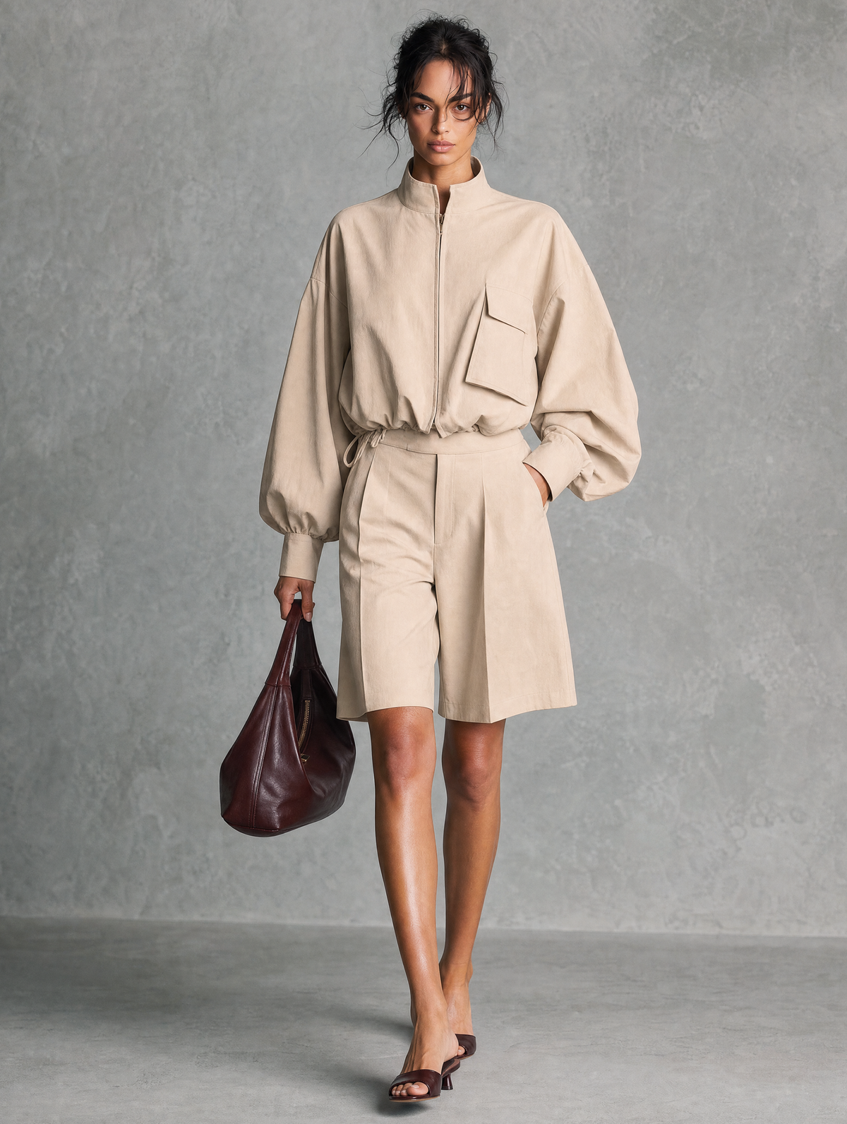 Women's Khaki Woven Long Sleeve Two-Piece Set – ModClo