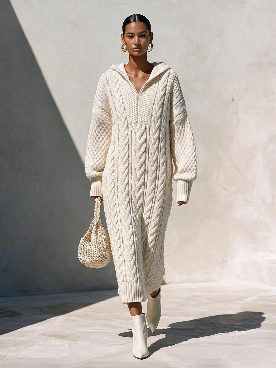 Women's Knit Long Sleeve Hooded Midi Dress – ModClo