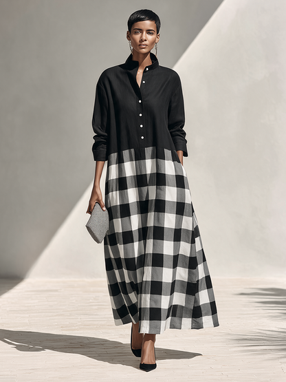Women's Linen Long Sleeve Plaid Maxi Dress – ModClo