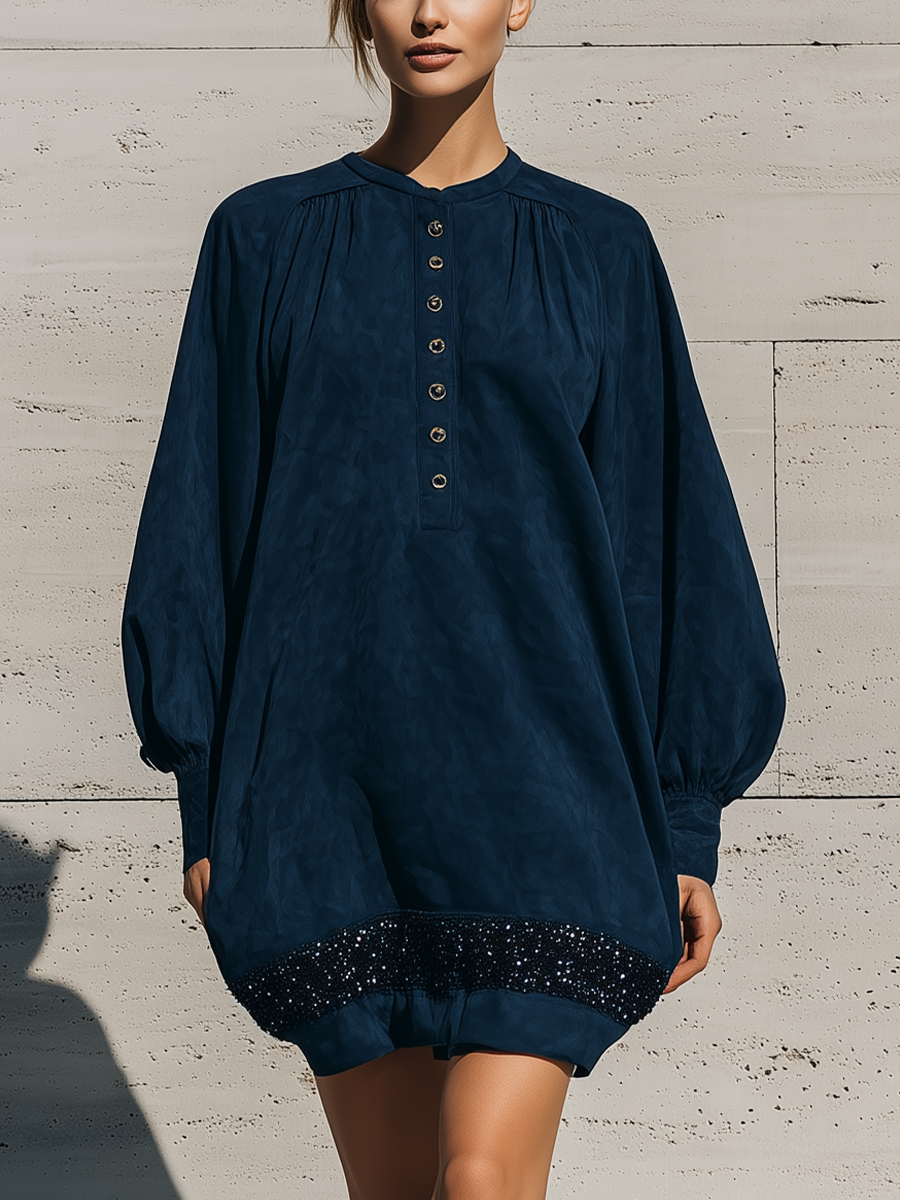 Women's Navy Sequin Long Sleeve Dress – ModClo