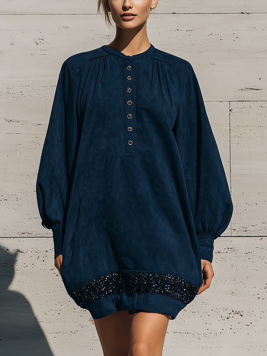 Women's Navy Sequin Long Sleeve Dress – ModClo