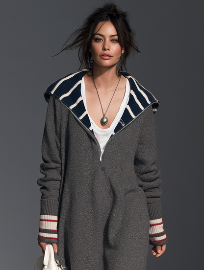 Women's Striped Vintage Shawl Collar Sweater Dress – ModClo