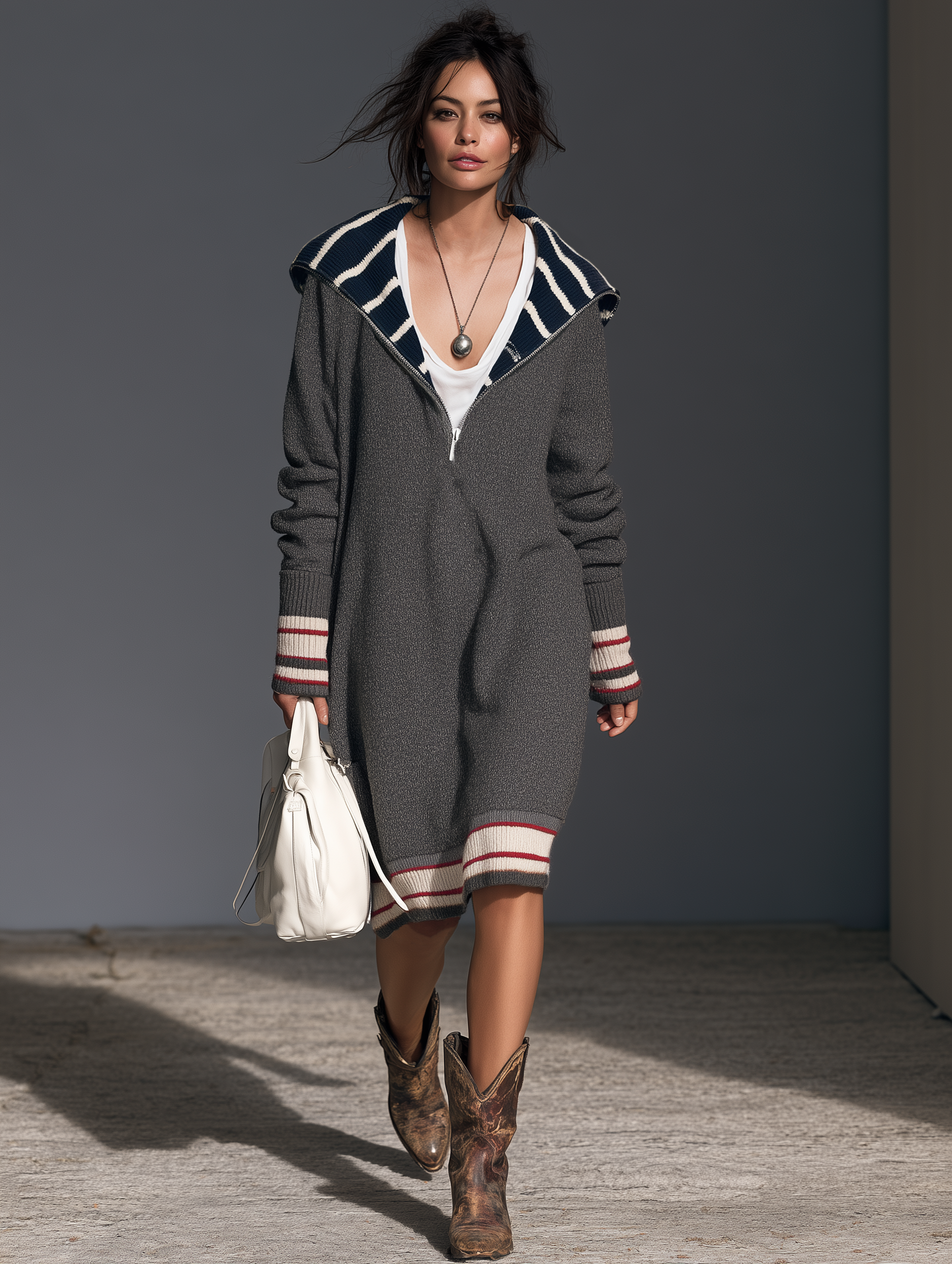 Women's Striped Vintage Shawl Collar Sweater Dress – ModClo