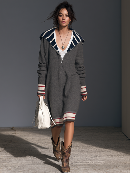 Women's Striped Vintage Shawl Collar Sweater Dress – ModClo