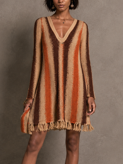 Women's Knit Fringe Striped Mini Dress – ModClo